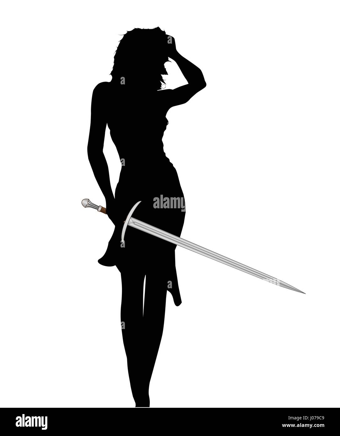 Silhouette einer Frau mit einem großen breiten Schwert Stock Vektor