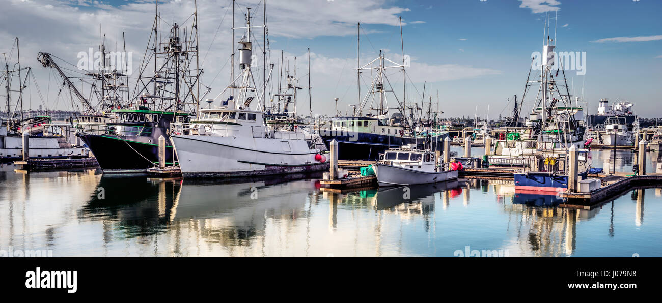 Ein southern California Fischereiflotte, sitzen in einer Marina. Stockfoto