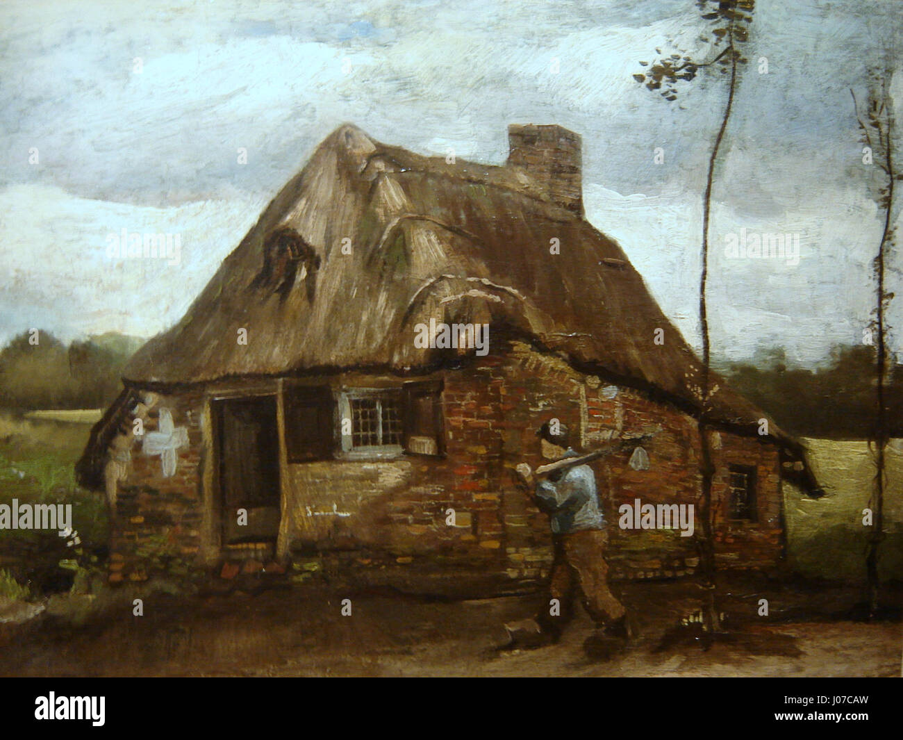 Vincent van Goghs „Cabaña con campesino regresando a casa“ (Cottage with Farmer Return Home) spiegelt seinen ikonischen Stil wider und zeigt das ländliche Leben und die menschliche Verbindung zur Natur, ein gemeinsames Thema in seinen späteren Werken. Stockfoto