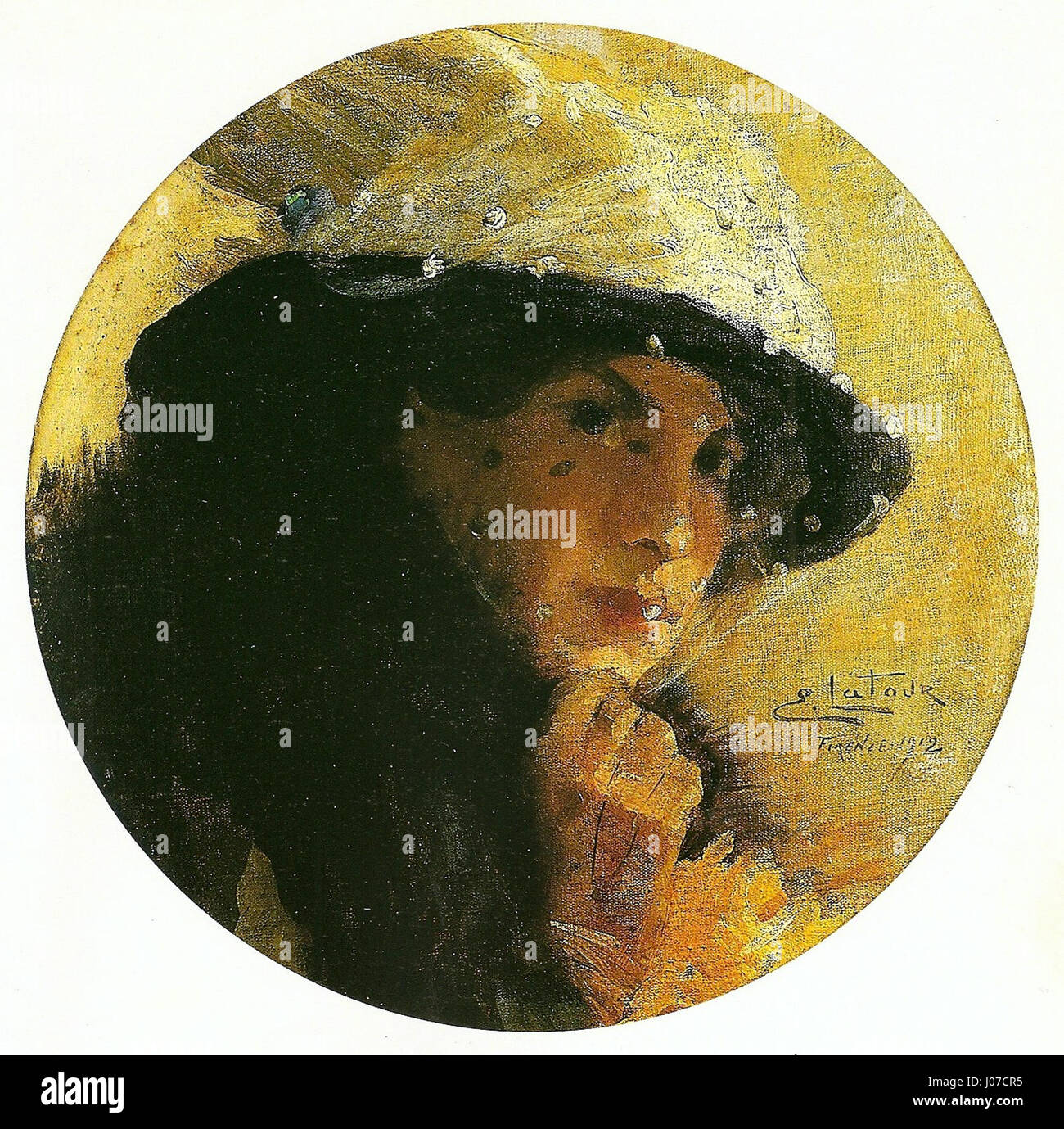 „Bianca“ von Eugênio Latour ist ein Porträt einer jungen Frau, das ihre Anmut und Eleganz mit feinen Details in diesem Ölgemälde von 1912 einfängt. Das Werk unterstreicht Latours Meisterschaft in der Darstellung empfindlicher menschlicher Emotionen durch raffinierte Pinselstriche. Stockfoto