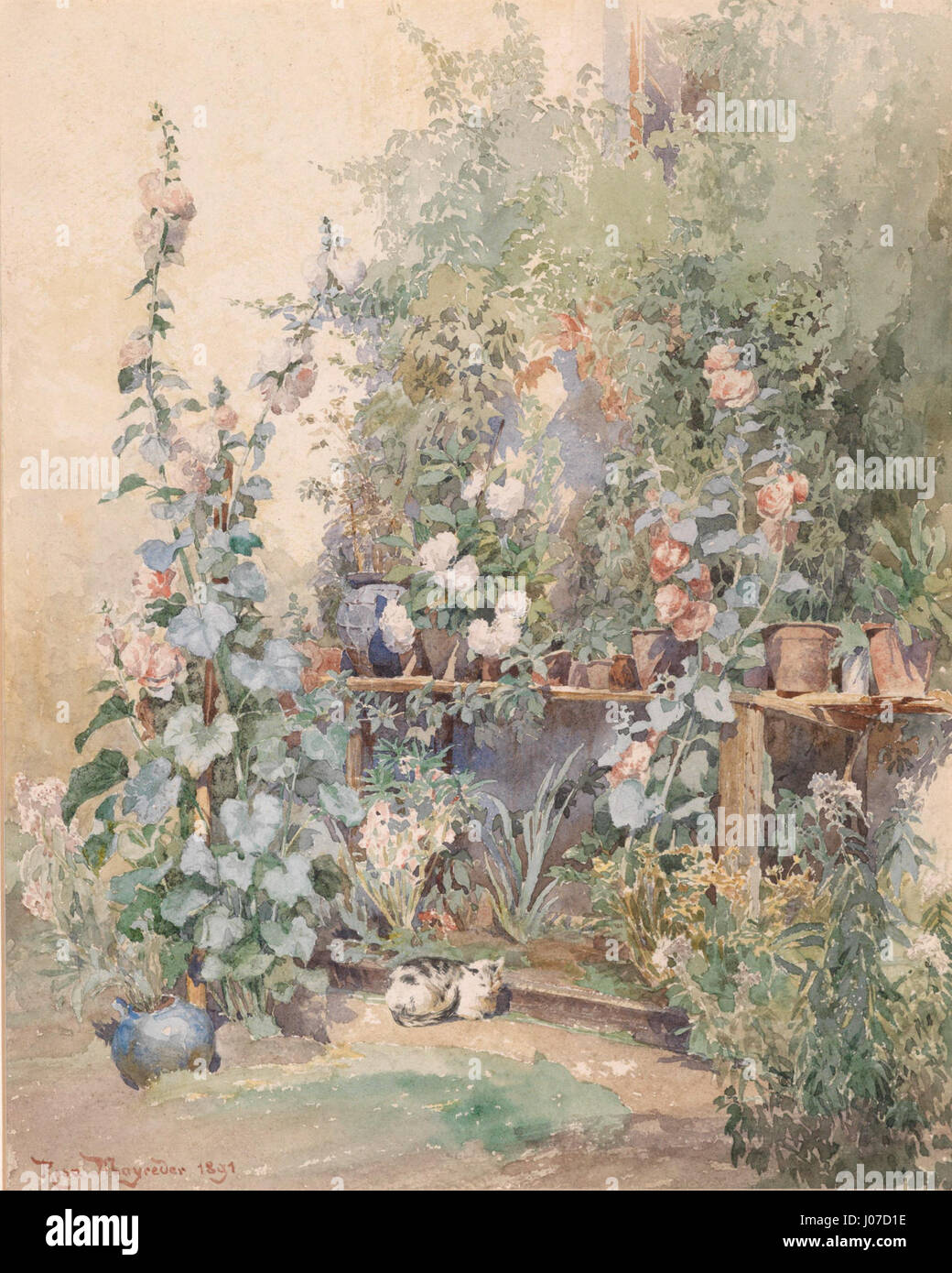 Rosa Mayreders „Gartenstillleben mit Kätzchen“ aus dem Jahr 1891 ist ein Stillleben mit einem Kätzchen inmitten von Gartenelementen. Das Werk kombiniert florale Motive mit der Anwesenheit einer Katze und veranschaulicht Mayreders zarte Pinselarbeit und Liebe zum Detail. Stockfoto