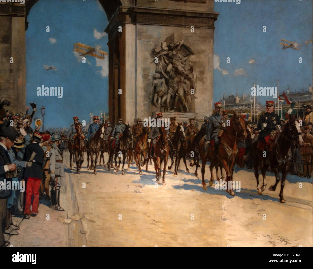 Flamengs „Le défilé de la Victoire, le 14 juillet 1919“ zeigt die Siegesparade am Bastille-Tag 1919 nach dem Ende des Ersten Weltkriegs. Das Gemälde fängt die Feierlichkeiten in Paris ein und symbolisiert den Nationalstolz und den Triumph Frankreichs. Stockfoto