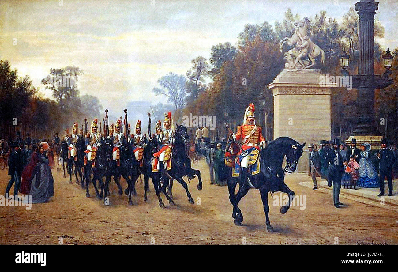 Diese historische Szene zeigt das „Défilé des Cent Gardes“, die Parade der königlichen Garde im Frankreich des 18. Jahrhunderts. Das Gemälde zeigt die zeremonielle Prozession und betont die Uniform, die Herrlichkeit und die Pracht der königlichen Präsenz während dieser Zeit. Stockfoto