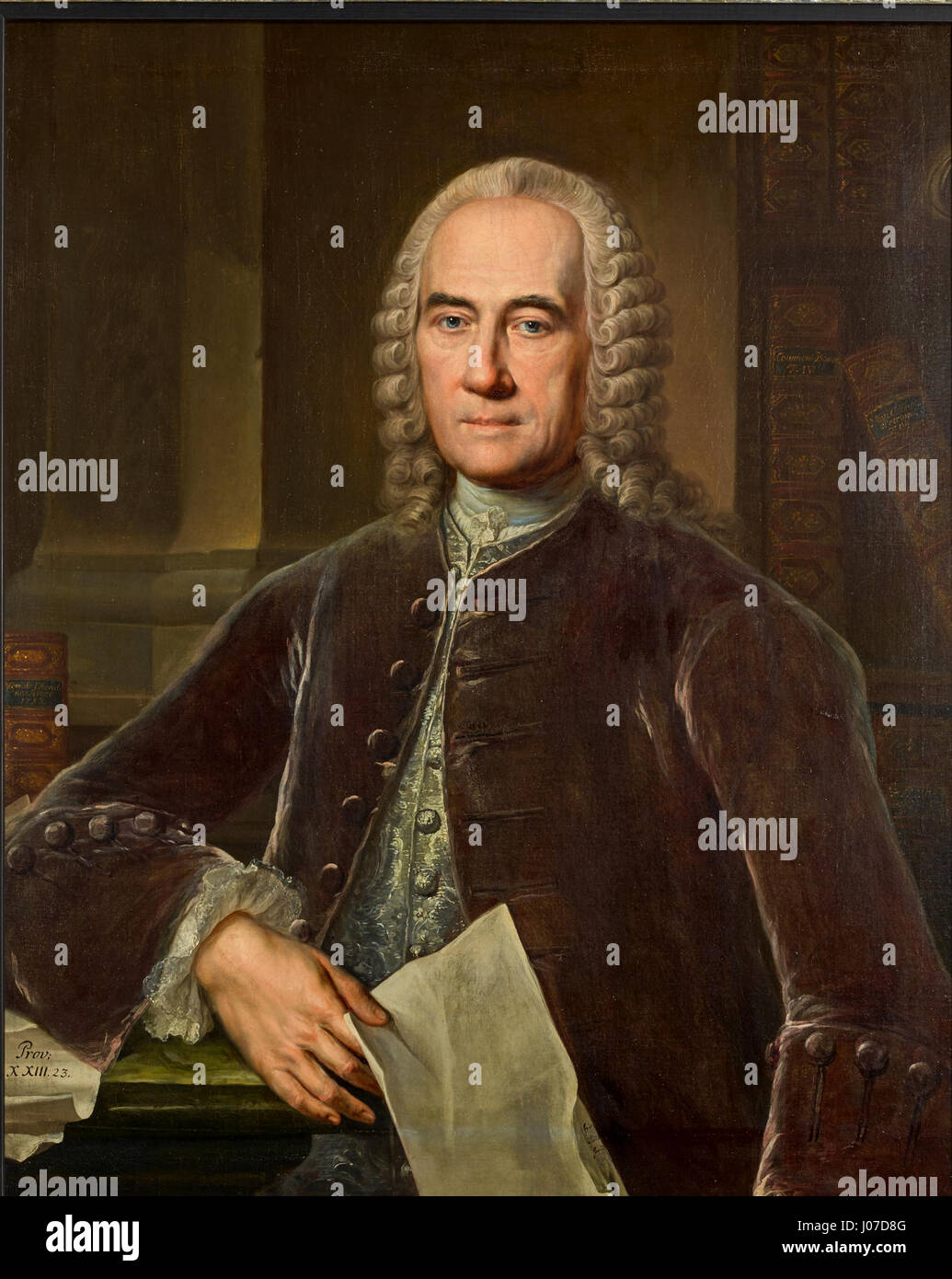 Jacob Theodor Kleins Gemälde von J. Wessel ist ein Porträt, das den unverwechselbaren Stil und die Komposition von Kleins Werk zeigt. Das Gemälde betont detaillierten Realismus und feine Pinselarbeiten und konzentriert sich auf den Ausdruck und die Kleidung des Motivs. Stockfoto