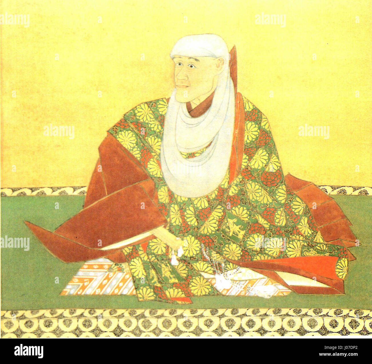 Ein historisches Porträt des kaiserlichen Prinzen Abt Syucho, das seinen Status und seine kulturelle Bedeutung während dieser Zeit zeigt. Der Künstler konzentriert sich auf formale Kleidung und betont seine Bedeutung in Gesellschaft und religiösen Kreisen sowie wichtige visuelle Elemente der Zeit. Stockfoto