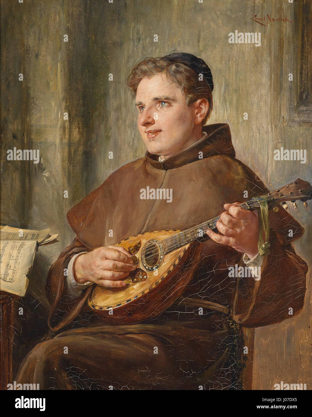 Ernst Nowaks musikzierender Mönch zeigt einen Mönch, der tief in seine musikalische Praxis vertieft ist. Das Gemälde spiegelt das religiöse Leben und die Rolle der Musik in klösterlichen Gemeinschaften wider, wobei der Schwerpunkt auf der Frömmigkeit und Hingabe des Mönchs liegt. Stockfoto