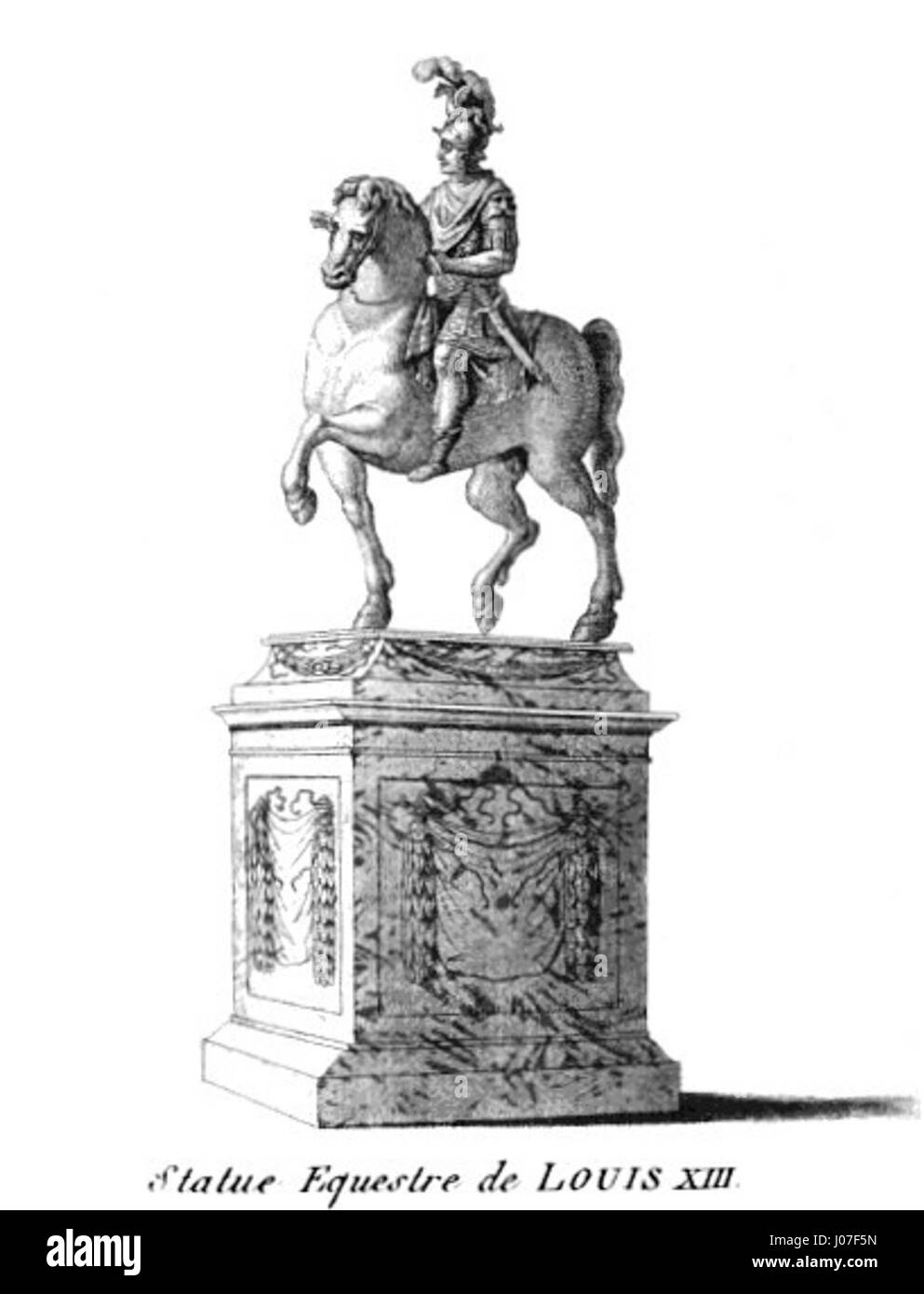 Die Reiterstatue Ludwigs XIII. In Paris erinnert an den französischen König und symbolisiert seine Herrschaft und sein militärisches Können. Die Bronzestatue am Place des Vosges ist ein bedeutendes Beispiel französischer Königsskulpturen aus dem 17. Jahrhundert. Stockfoto