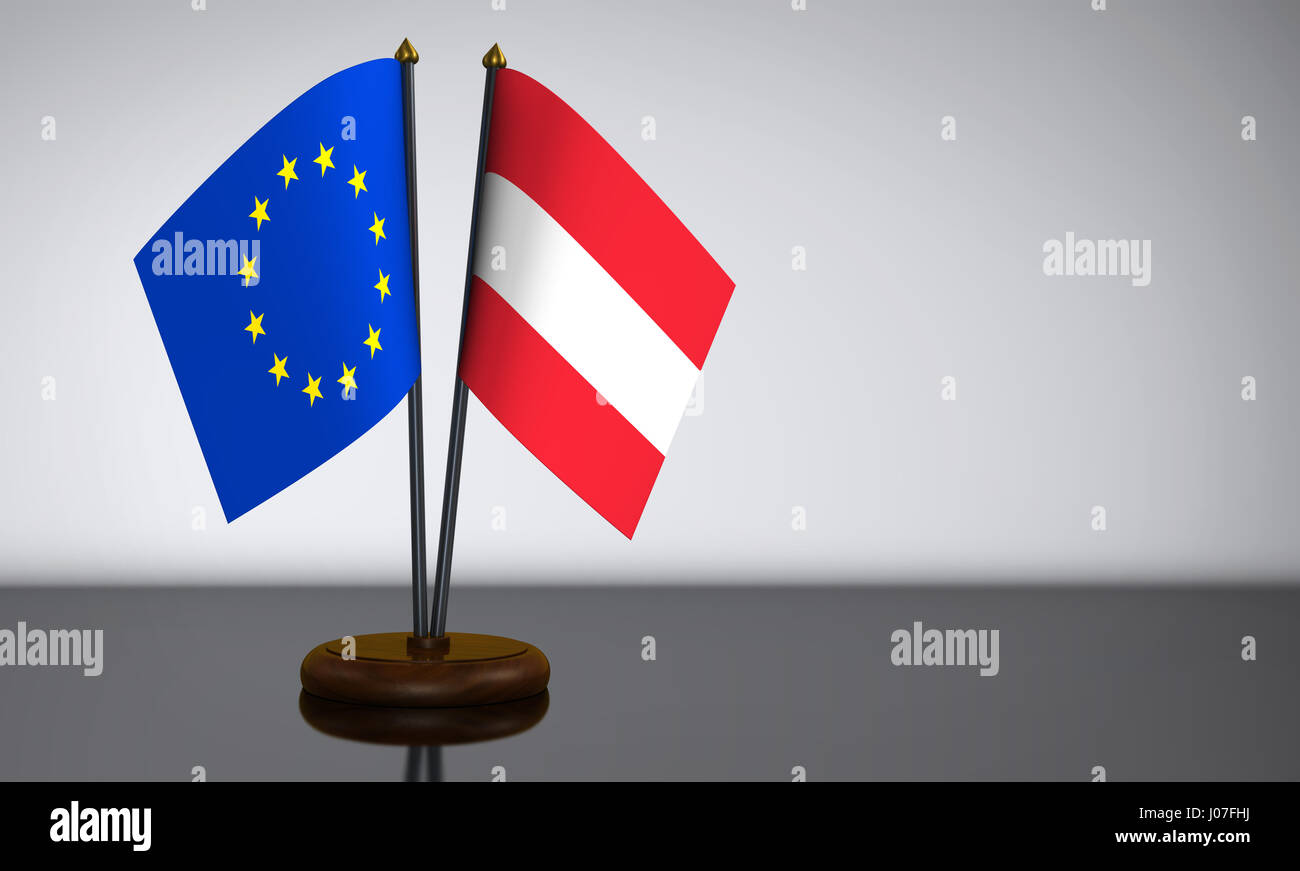 Österreich und Europäische Union Schreibtisch Flagge 3D Illustration. Stockfoto