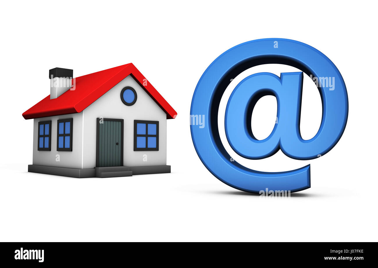 Kleines Haus-Modell-Symbol zu Symbol Online- Immobilien Agentur Konzept 3D Illustration auf weißem Hintergrund. Stockfoto