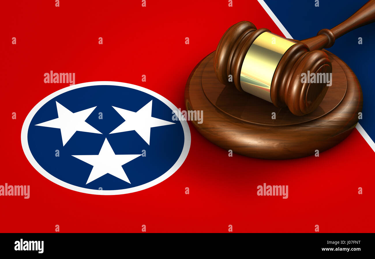Tennessee uns Zustandgesetz, Recht und Gerechtigkeit-Konzept mit einer 3D-Darstellung eines Hammers auf Tennessean Flagge. Stockfoto