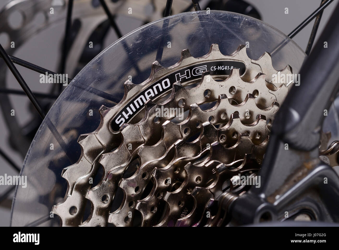 Nahaufnahme einer Shimano Gang Kassette auf einem Fahrrad. Stockfoto