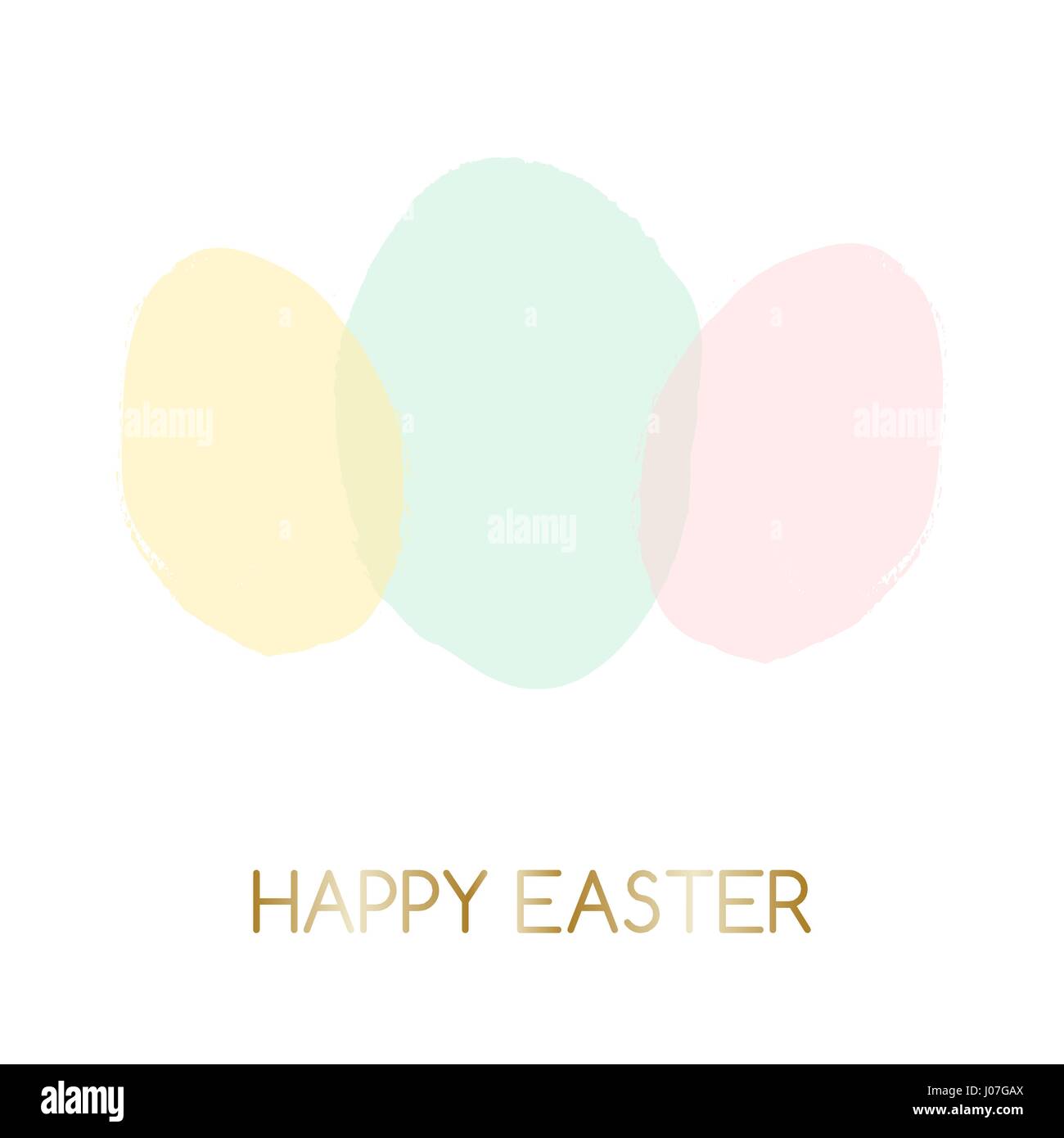Ostern Grußkarte design mit Text "Frohe Ostern" in Gold und bunten Pastell rosa, grün und gelb Ostereier im Hintergrund. Stock Vektor