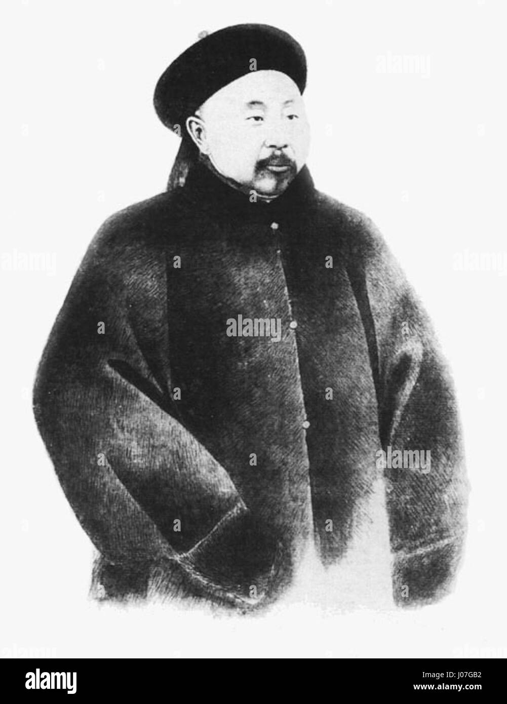 Bild eines japanischen Holzschnitts, der eine ruhige Landschaft darstellt und traditionelle japanische Kunsttechniken und Ästhetik zeigt. Stockfoto