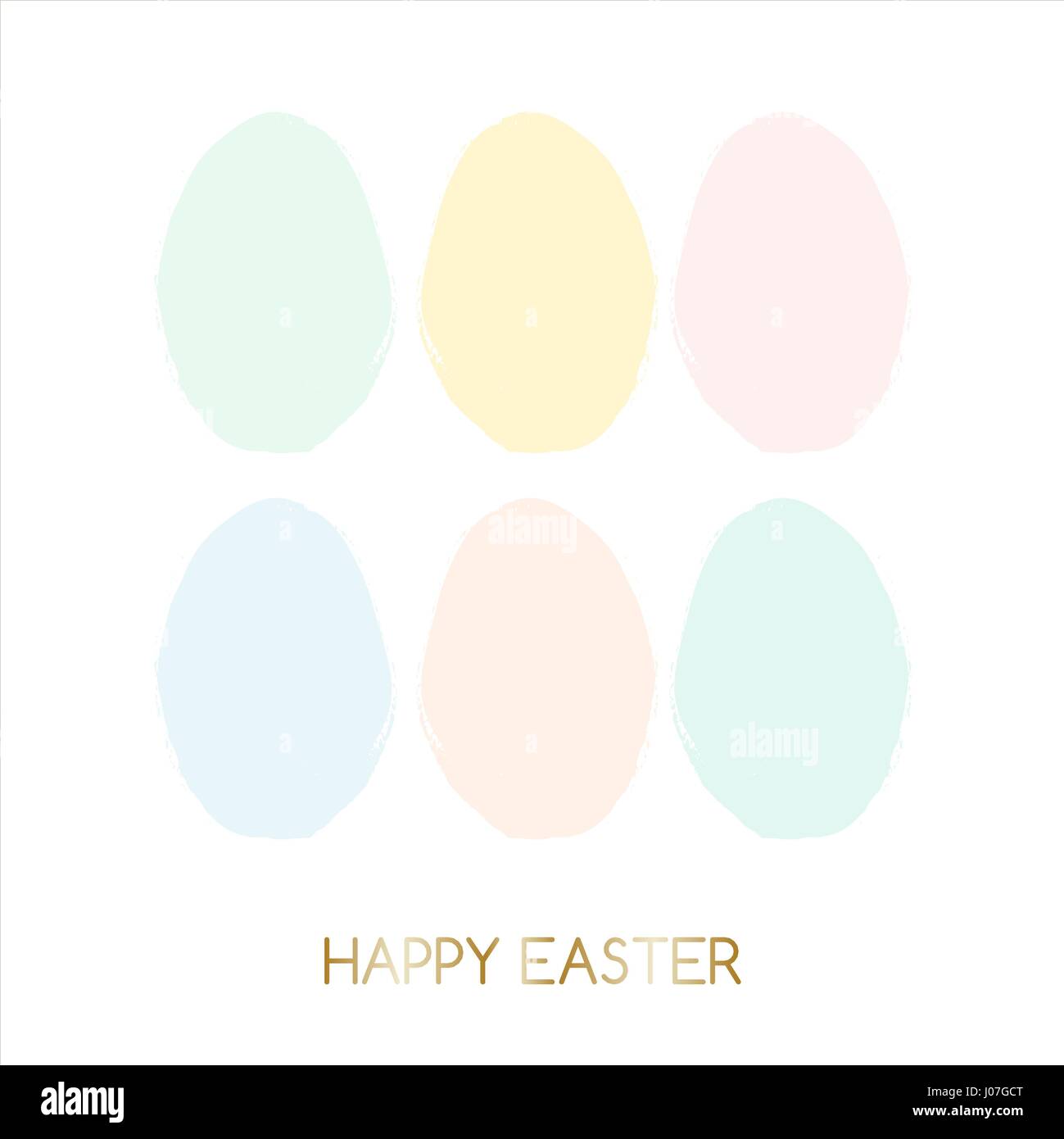 Ostern Grußkarte gestalten mit Text "Frohe Ostern" in gold und bunten Pastell rosa, grüne, blaue und gelbe Ostereier im Hintergrund. Stock Vektor
