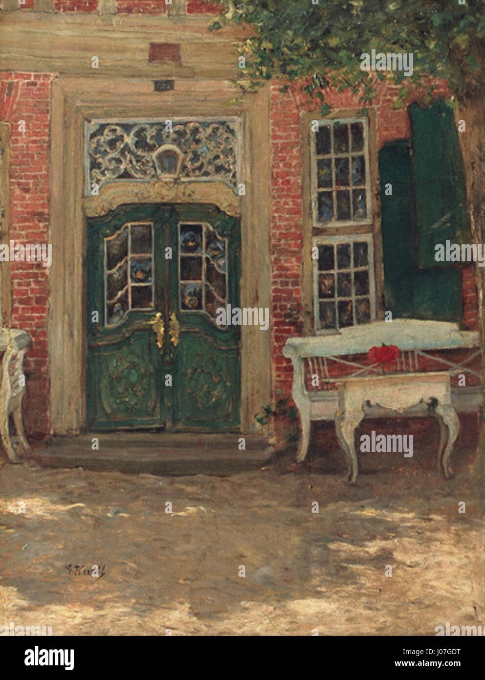 Gotthardt Kuehls „grünes Tor“ ist ein gutes Beispiel für deutschen Realismus und zeigt eine ruhige ländliche Szene mit Liebe zu natürlichen Details und Licht. Das Gemälde zeigt ein malerisches Tor, das von Grün umgeben ist. Stockfoto