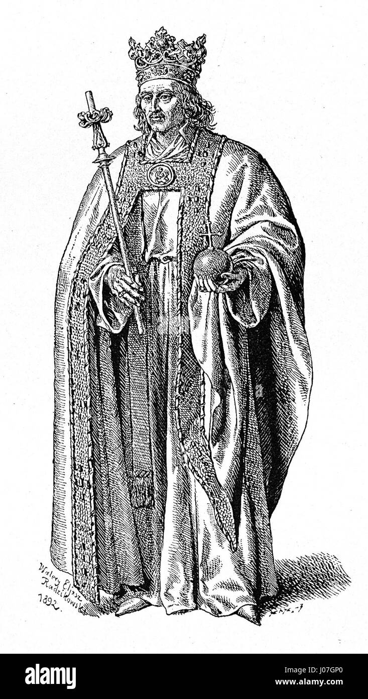 Walery Eljasz-Radzikowskis Porträt von Kazimierz Jagiellonczyk zeigt eine detaillierte Darstellung des polnischen Adligen. Das Kunstwerk spiegelt die Fähigkeit des Künstlers wider, den Adel und Charakter seiner Untertanen in klassischem Stil einzufangen. Stockfoto