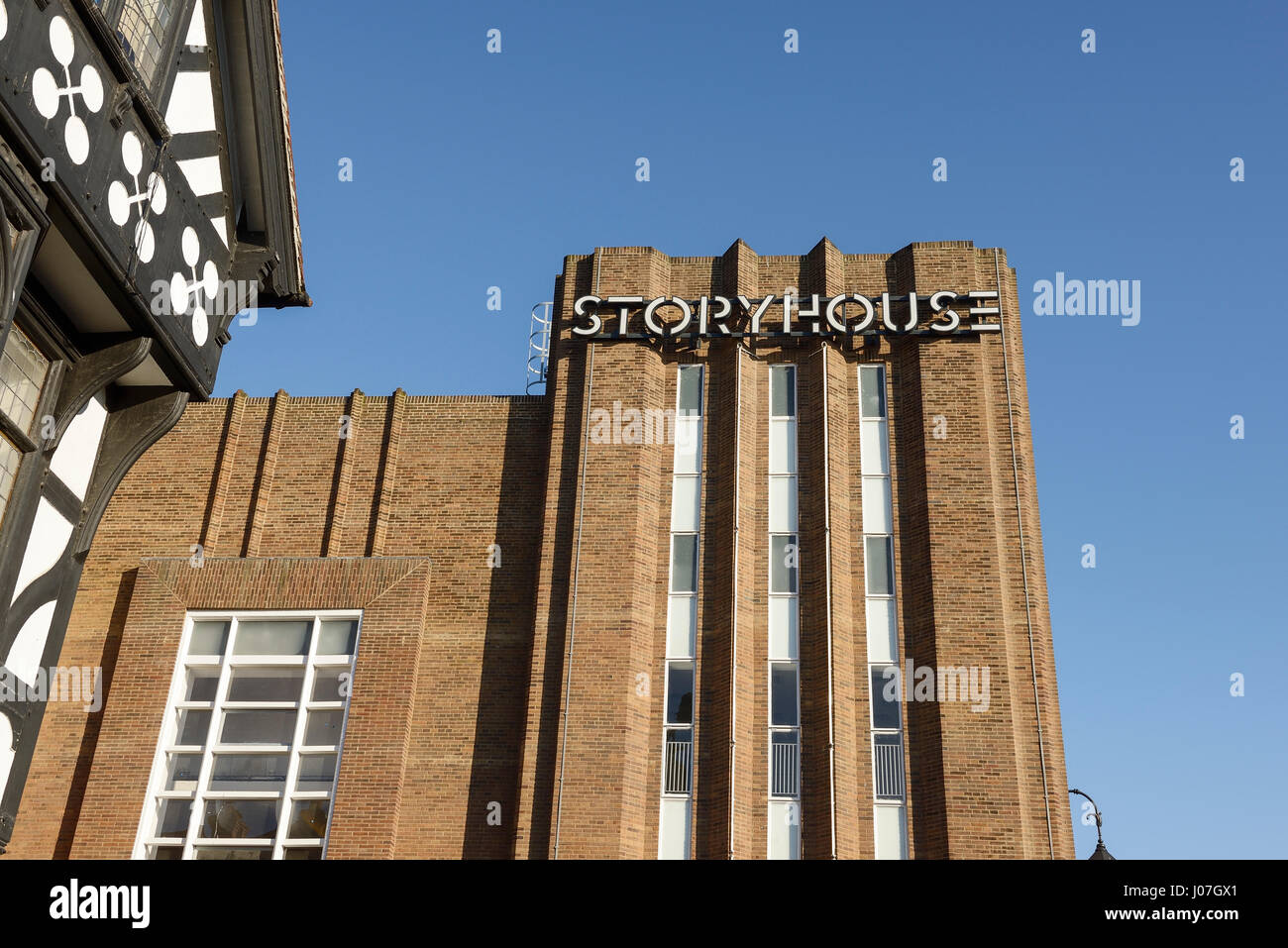 Nahaufnahme Detail der Storyhouse im Stadtzentrum von Chester UK Stockfoto