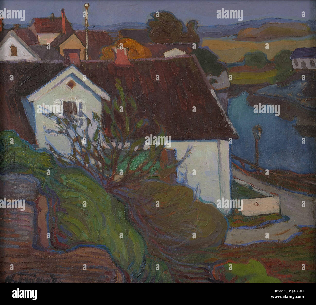 Nikolai Triiks „Võikelinna vaade“ (Ansicht von Võru) aus dem Jahr 1905-1909 ist ein Landschaftsgemälde, das eine ruhige ländliche Szene in Estland einfängt. Die Komposition unterstreicht die natürliche Schönheit der Region mit sanften Farben und einer friedlichen Atmosphäre, die das ländliche Estnische Leben des frühen 20. Jahrhunderts widerspiegelt. Stockfoto