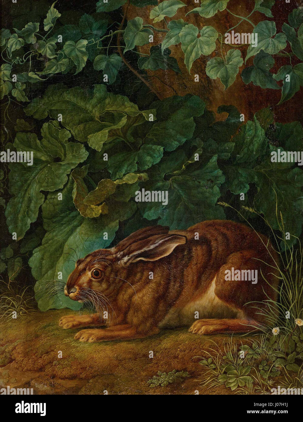 Jacob Philipp Hackerts *Hase im Gebüsch* aus dem Jahr 1803 zeigt seine Präzision in der Darstellung von Wildtieren in Naturlandschaften. Seine detaillierte Darstellung spiegelt den Einfluss deutscher Landschafts- und Tiermalertraditionen des 18. Jahrhunderts wider. Stockfoto