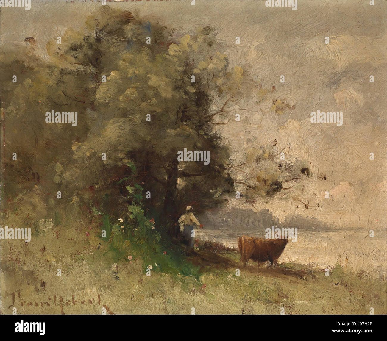 „AU bord du lac“ von Paul-Désiré Trouillebert ist ein ruhiges Landschaftsbild, das die friedliche Umgebung eines Sees darstellt. Der Künstler verwendet weiche Pinselarbeiten, um die Ruhe der Natur und die ruhige Umgebung des Sees zu vermitteln. Stockfoto