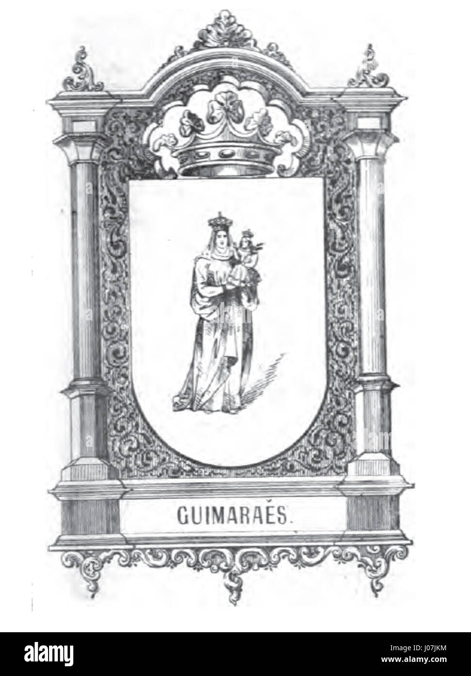 Ein Foto von Braga, Portugal, aufgenommen 1860, das einen historischen Einblick in die Stadt zu dieser Zeit bietet. Es erfasst die städtische Landschaft, Architektur und Kultur Bragas Mitte des 19. Jahrhunderts. Stockfoto