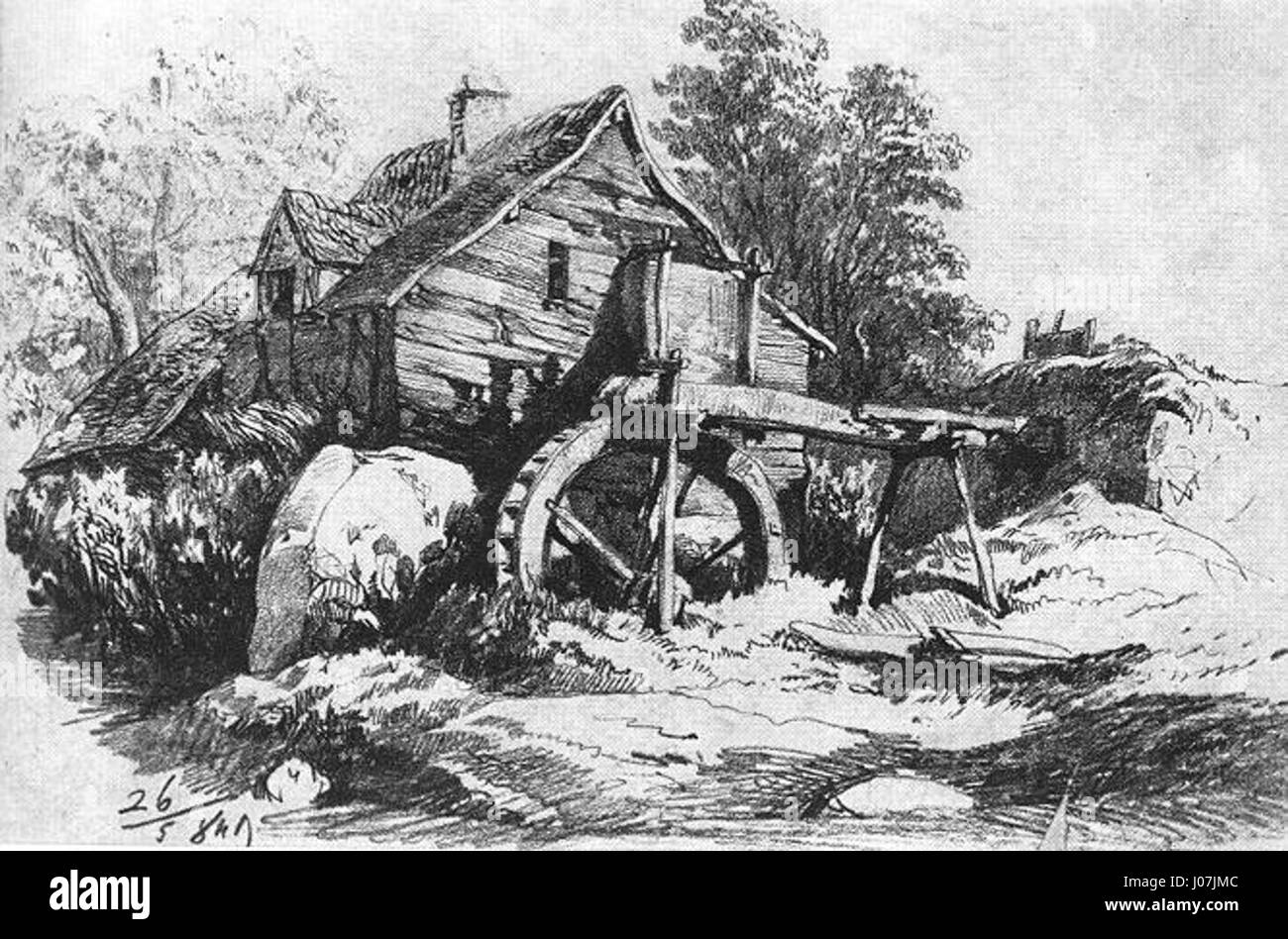 Mill ist ein Gemälde des ungarischen Künstlers Sándor Brodszky (1856–1906), das 1858 entstanden ist. Das Kunstwerk zeigt eine ländliche Landschaft mit einer traditionellen Windmühle und fängt die ruhige Schönheit der ungarischen Landschaft ein. Stockfoto