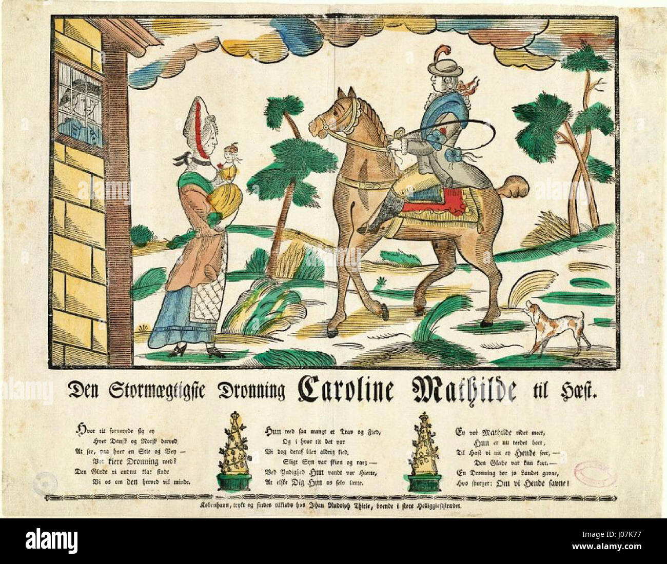 Dieses Kunstwerk zeigt Königin Caroline Mathilde während der Herbstsaison. Die Darstellung fängt ihre königliche Eleganz und Ausgeglichenheit ein, die sich vor der sich verändernden Landschaft des Falls befindet. Königin Caroline Mathilde war eine prominente Figur in der dänischen Geschichte des 18. Jahrhunderts. Stockfoto