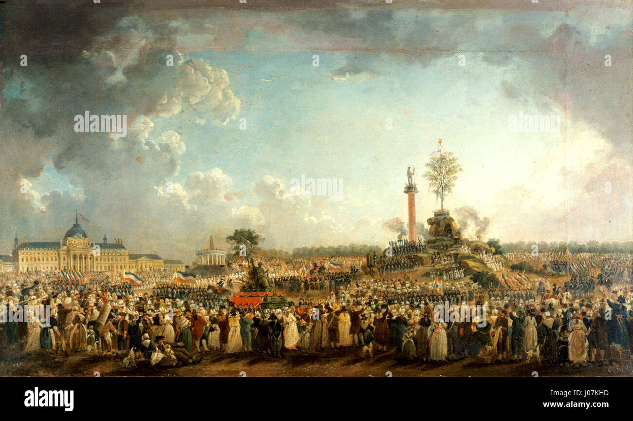 Das Fête de l’être suprême (Festival des Höchsten Wesens) war eine Veranstaltung, die während der Französischen Revolution stattfand und die von Robespierre propagierte deistenreligion feierte. Das Festival war geprägt von bürgerlichen Zeremonien und symbolischen Gottesakten. Stockfoto