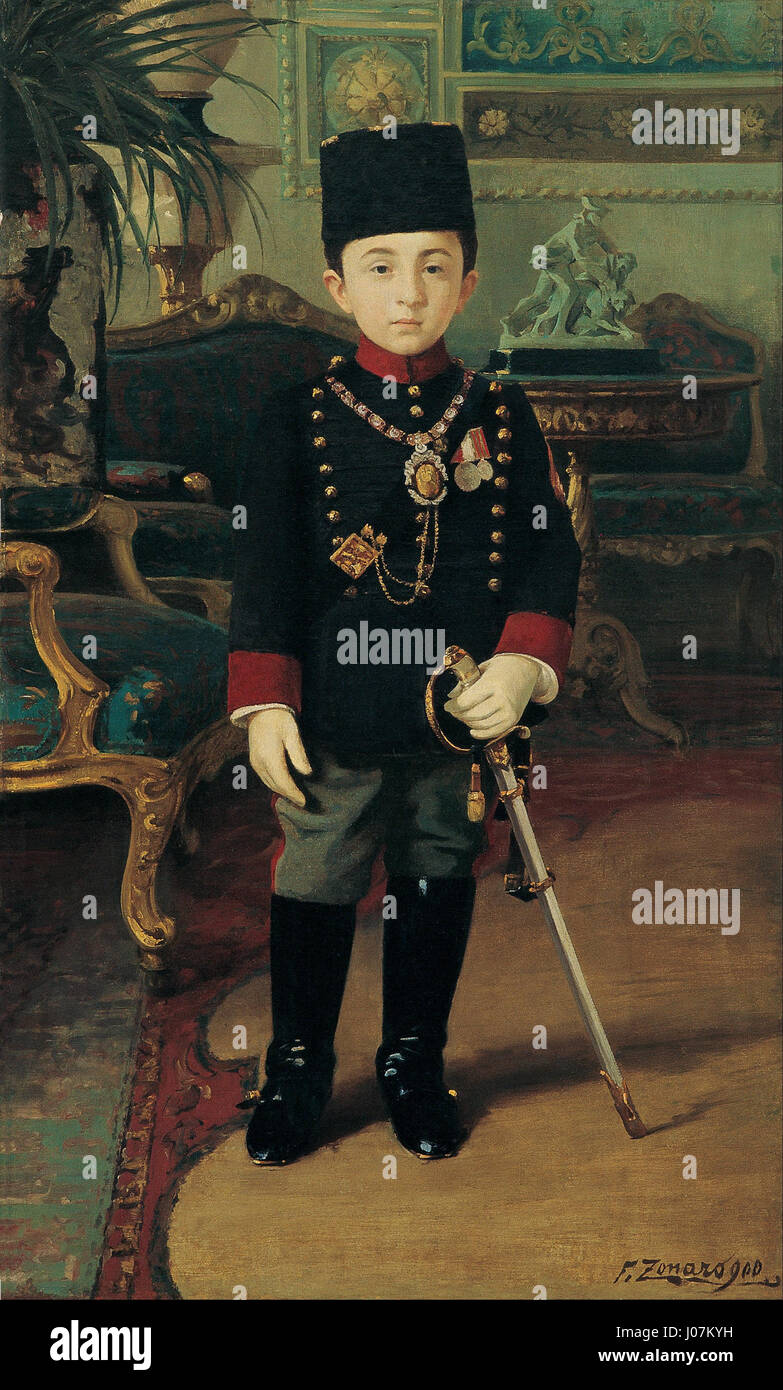 Fausto Zonaros Porträt von Prinz Abdürrahim Efendi fängt die würdevolle Präsenz des osmanischen Prinzen ein. Zonaros Werk ist bekannt für sein akribisches Detail und die Darstellung der osmanischen Aristokratie im späten 19. Jahrhundert. Stockfoto