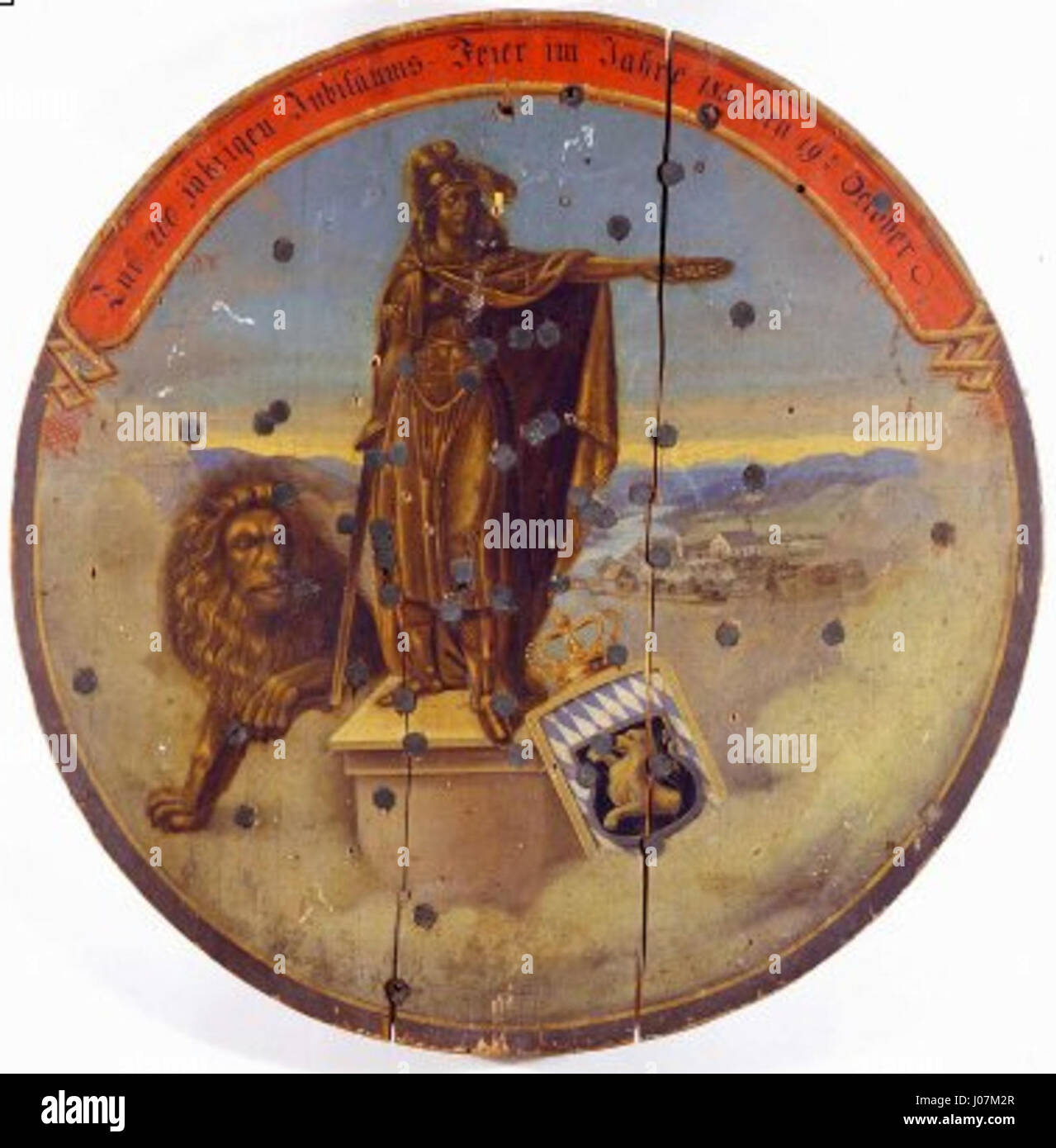 Die Bavaria Schützen Scheibe ist eine traditionell bemalte Zielscheibe, die bei deutschen Schießfesten verwendet wird und die bayerische Kultur und regionale Traditionen widerspiegelt. Stockfoto