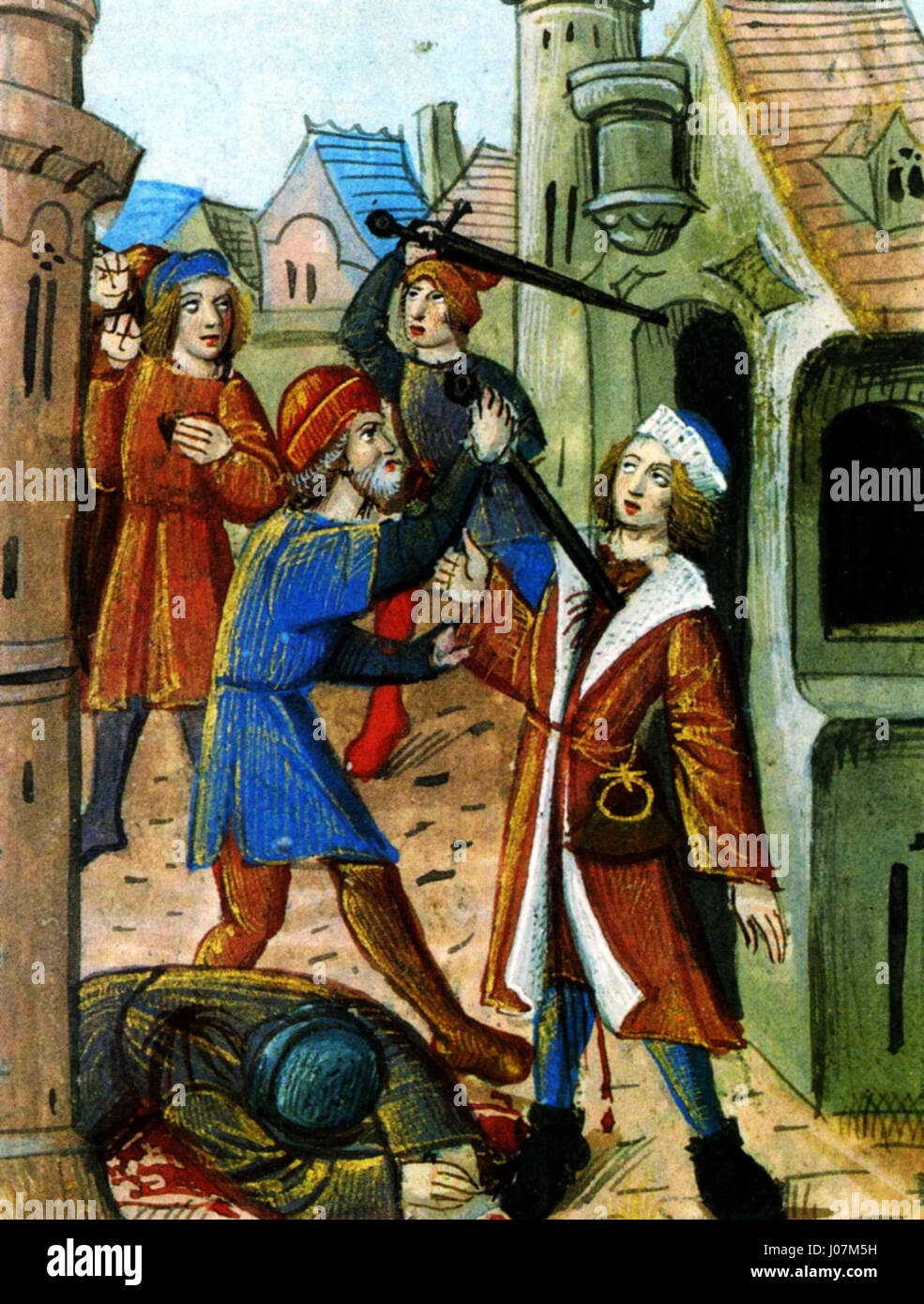 Dieses Gemälde fängt eine chaotische und tragische Szene eines Massakers in einer Pariser Straße ein, das wahrscheinlich die turbulenten Ereignisse im Frankreich des 19. Jahrhunderts widerspiegelt. Das Werk dramatisiert die Gewalt und Unruhen, die in Zeiten politischer Umwälzungen, möglicherweise während einer revolutionären Periode oder eines zivilen Konflikts in Paris, vorherrschen. Stockfoto