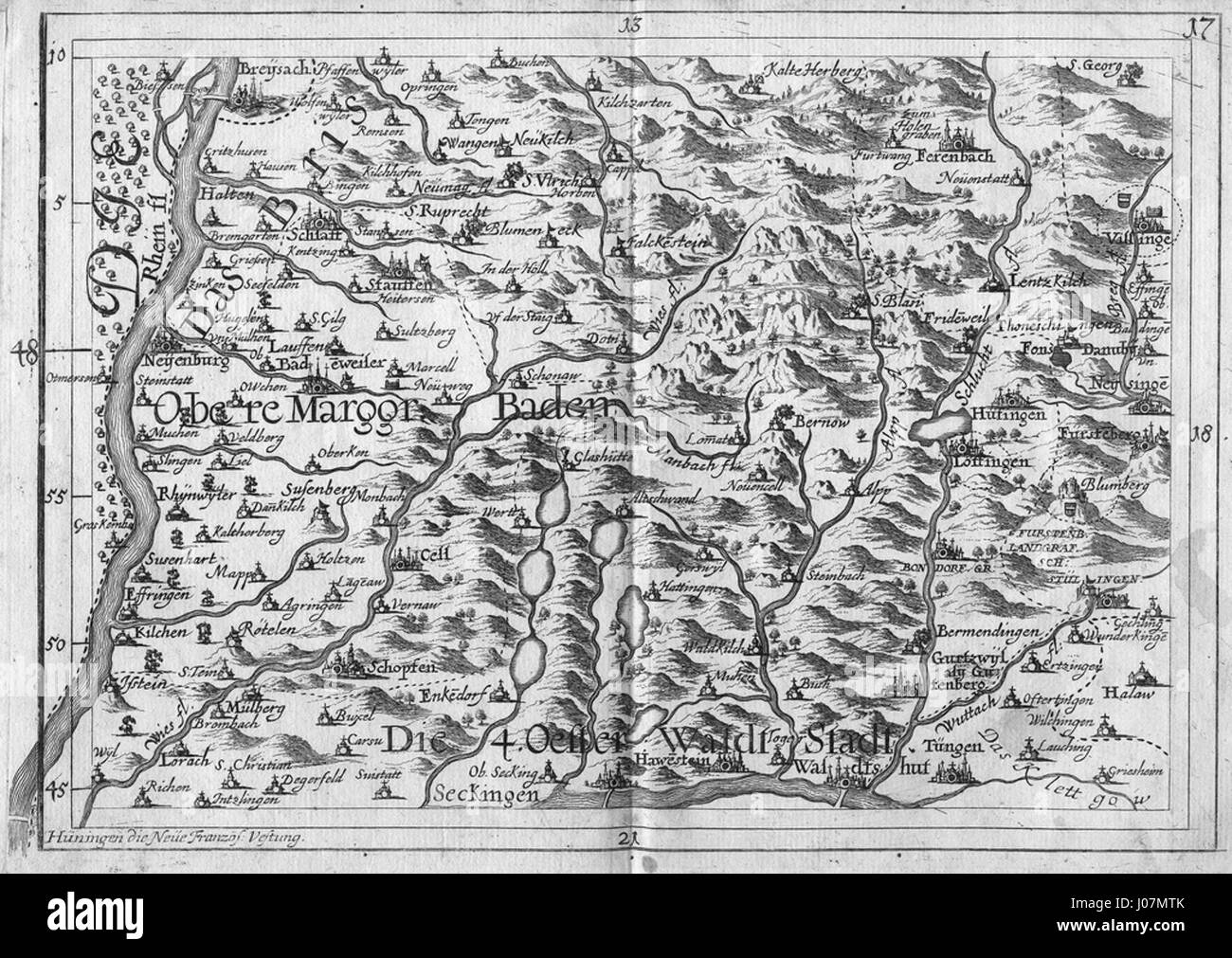 Diese Karte von Georg Bodenehr aus dem Jahr 1751 der Region Schwaben in Deutschland bietet detaillierte geografische Informationen. Es spiegelt die Topographie, Siedlungen und Landschaftsmerkmale des Gebiets im 18. Jahrhundert wider. Stockfoto