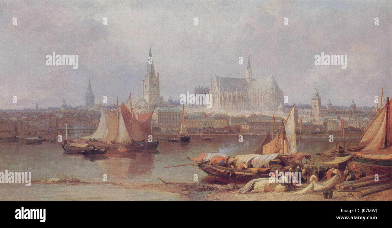 James Webbs Gemälde „Köln Rheinufer im frühen 19 JH“ zeigt das Kölner Flussufer aus dem frühen 19. Jahrhundert, wobei der Rhein als zentrales Merkmal der Szene diente. Das Kunstwerk fängt die Uferpromenade der Stadt ein und zeigt Gebäude, Boote und das tägliche Leben aus dieser Zeit. Stockfoto
