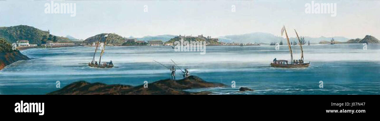 Henry Chamberlains „Ponta do Calabouco, vista da Glória“ (1819–1820) ist ein 26,5 x 32,5 cm großes Ölgemälde auf Leinwand. Es zeigt einen Blick aus dem Stadtteil Glória über die Bucht von Guanabara und erfasst die städtische Landschaft von Rio de Janeiro während des frühen 19. Jahrhunderts. Stockfoto