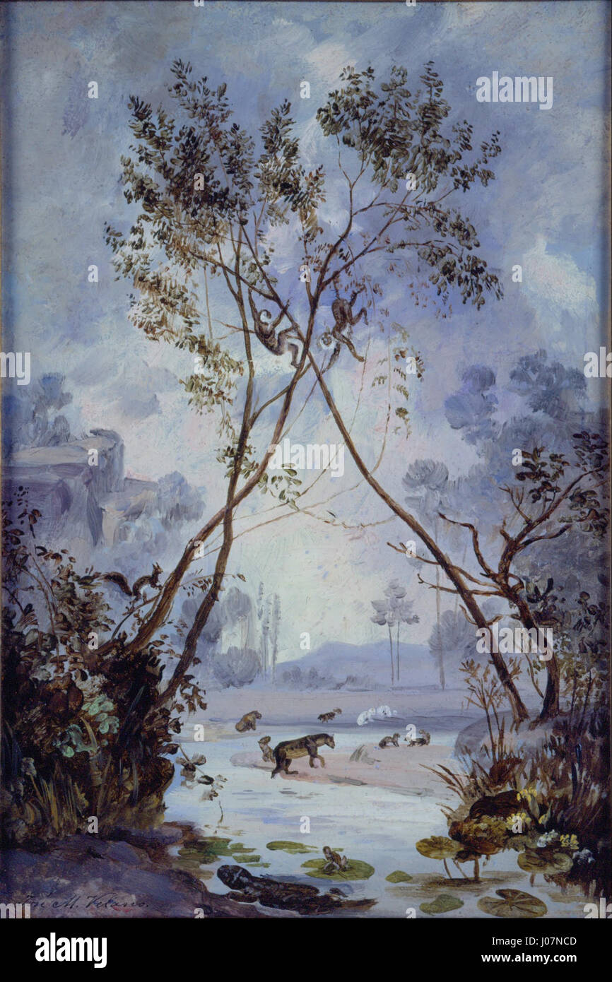 José María Velascos „Flora und Fauna aus dem Miozänen känozoischen Zeitraum“ stellt eine Illustration des Lebens während des Miozäns dar. Die Arbeit beleuchtet Pflanzen- und Tierleben, die die Kontinente der Erde während dieser Evolutionszeit geprägt haben. Stockfoto