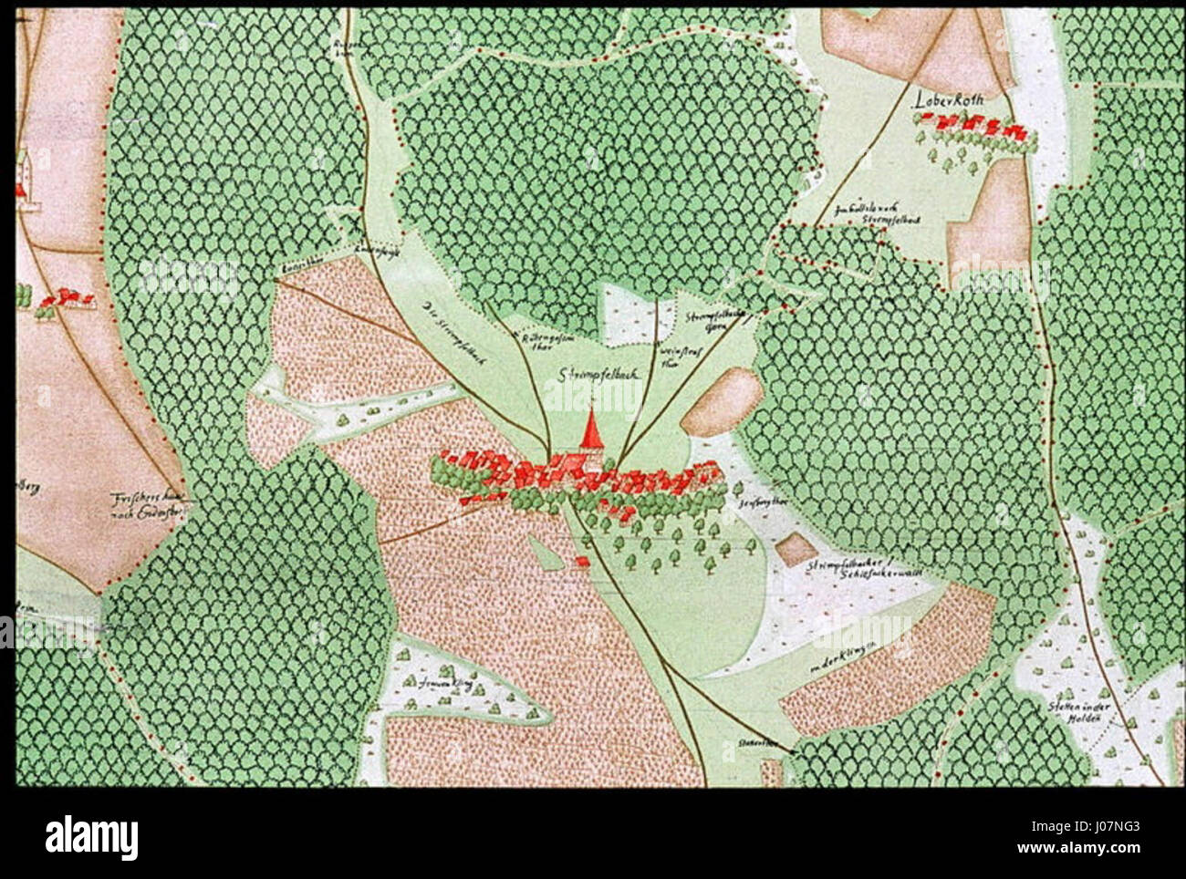 Die Kiesersche Forstkarte Nr. 253 ist eine detaillierte Forstkarte der Region um Strümpfelbach. Sie bietet eine genaue Darstellung der Topographie, der Waldgebiete und der Landnutzung und unterstreicht die natürliche Landschaft dieses Teils Deutschlands. Stockfoto
