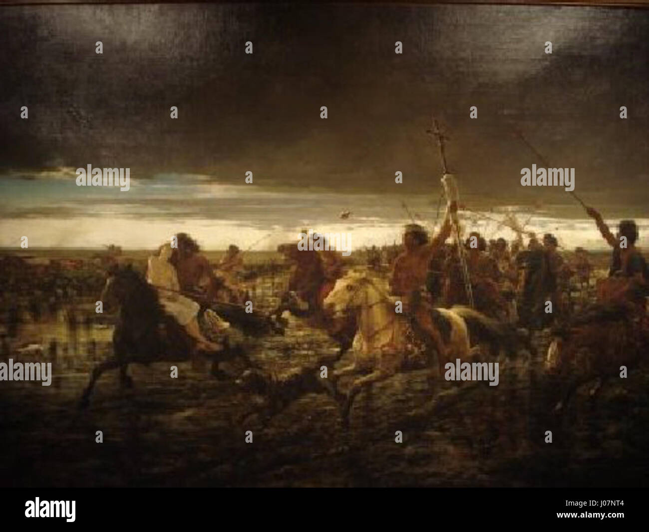 *La vuelta del malón* (die Rückkehr der Malón) ist ein Gemälde von Ángel Della Valle aus dem 19. Jahrhundert, das eine dramatische Szene von einheimischen argentinischen Kriegern zeigt, die nach einem Angriff zurückkehrten. Die Komposition spiegelt die Spannungen und Konflikte während des argentinischen Bürgerkriegs wider. Stockfoto