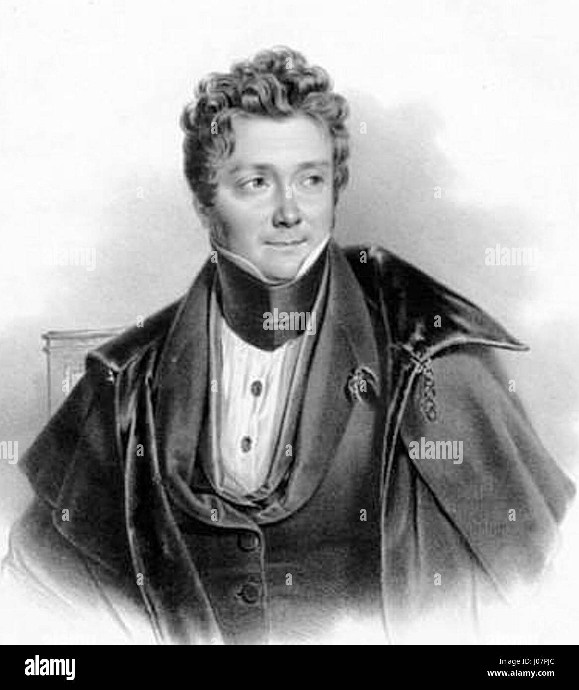 Diese von Louis-Barthélemy Pradher geschaffene Lithografie, die von Godefroy Engelmann gedruckt wurde, zeigt ein detailliertes Porträt eines herausragenden Motivs. Das Bild unterstreicht die Finesse lithographischer Techniken des 19. Jahrhunderts und die Verfeinerung der Merkmale des Motivs. Stockfoto