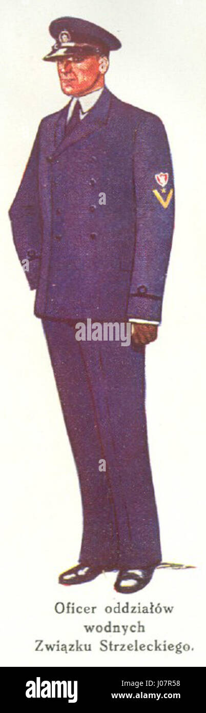 „Mundur strzelec 1935 oficer oddziałów wodnych“ ist eine Militäruniform aus dem Jahr 1935, die von einem Offizier der polnischen Wasserbataillone getragen wird. Das Kunstwerk hebt das unverwechselbare Design der polnischen Militäruniform hervor, die die Zwischenkriegszeit und die Militärkultur in Polen widerspiegelt. Stockfoto