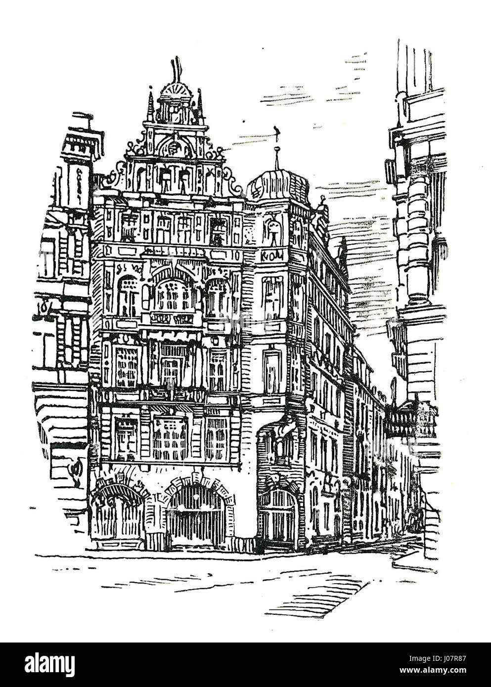 Dieses Architekturwerk mit dem Titel „München Bayern - Haus“ stellt ein traditionelles Gebäude in München dar, das die Design- und Strukturelemente der bayerischen Architektur des 19. Oder 20. Jahrhunderts widerspiegelt. Stockfoto