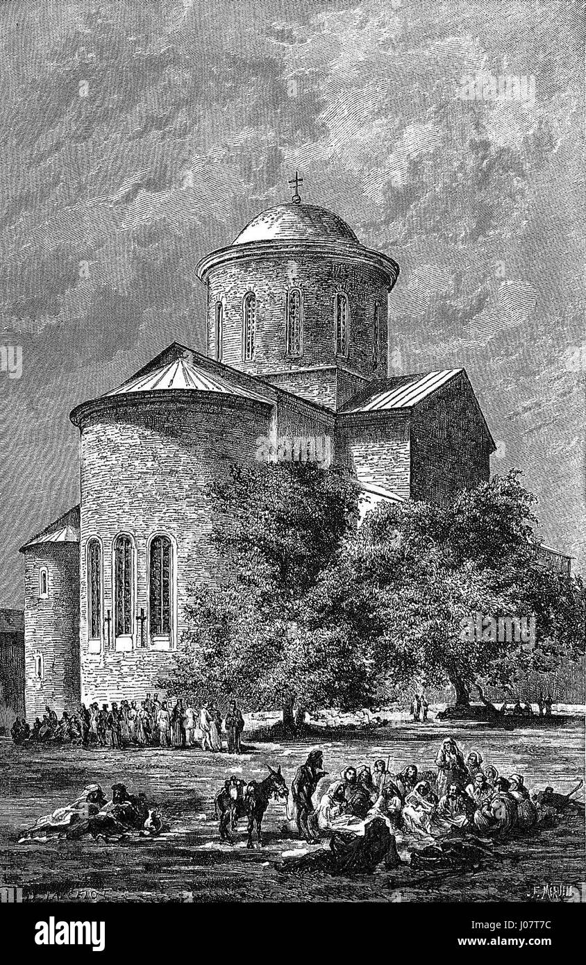 Die Pitsunda Cathedral ist eine historische Kirche in Pitsunda, Georgia. Dieses Gemälde von Mâulle aus dem Jahr 1884 fängt die Architektur und kulturelle Bedeutung der Kathedrale ein, die ein wichtiges Wahrzeichen des georgischen Erbes ist. Stockfoto