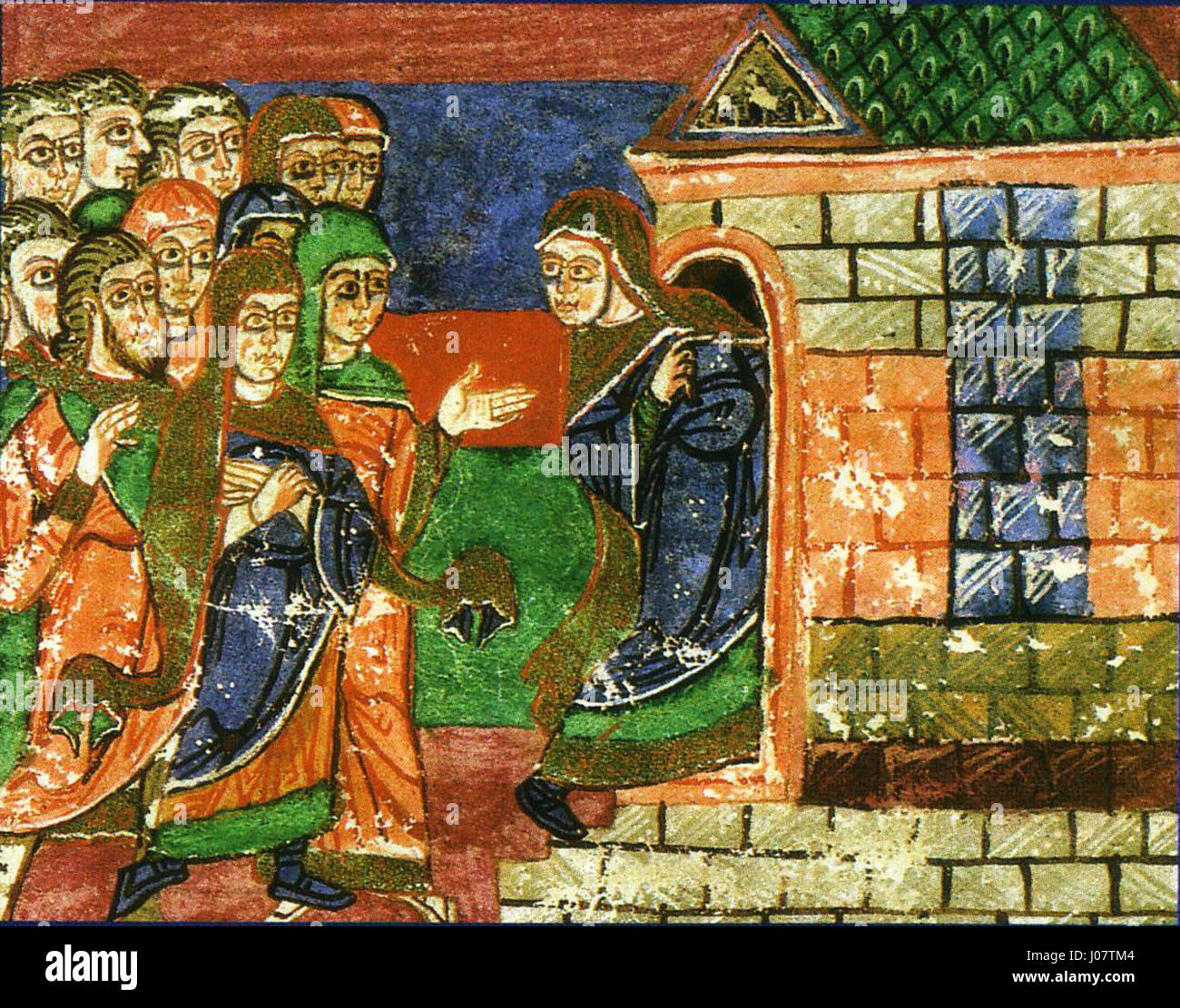 Dieses Werk zeigt den Rückzug der heiligen Radegonde in ein Kloster, das der Jungfrau Maria geweiht ist. Sie unterstreicht ihre religiöse Hingabe und die bedeutende Rolle weiblicher Heiligen im mittelalterlichen Christentum. Stockfoto