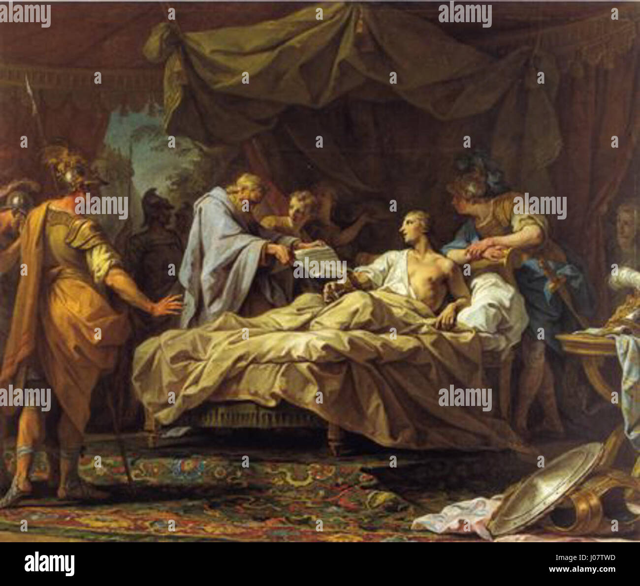 Alexandre et Son médecin Philippe von Restout zeigt eine historische Szene mit Alexander dem Großen und seinem Arzt Philippe. Das Kunstwerk stellt einen Moment der Sorgfalt und des Mitgefühls dar und zeigt die medizinischen Praktiken der Antike. Stockfoto