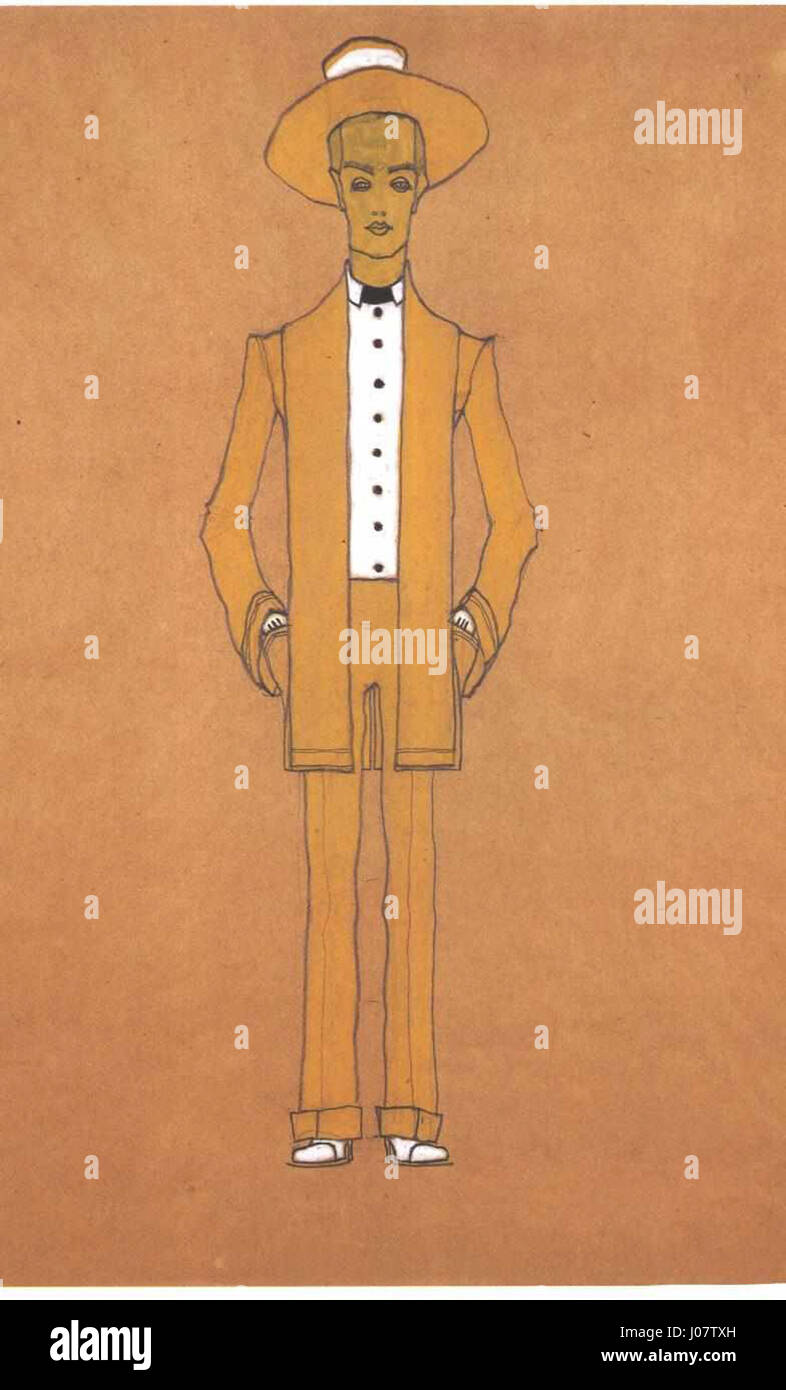 Modeentwurf gelber Stragenanzug ist ein Modedesign des österreichischen Künstlers Egon Schiele. Das Stück präsentiert eine moderne und ausdrucksstarke Interpretation der Kleidung und zeigt Schieles mutigen und unkonventionellen Ansatz zur Modellustration. Stockfoto