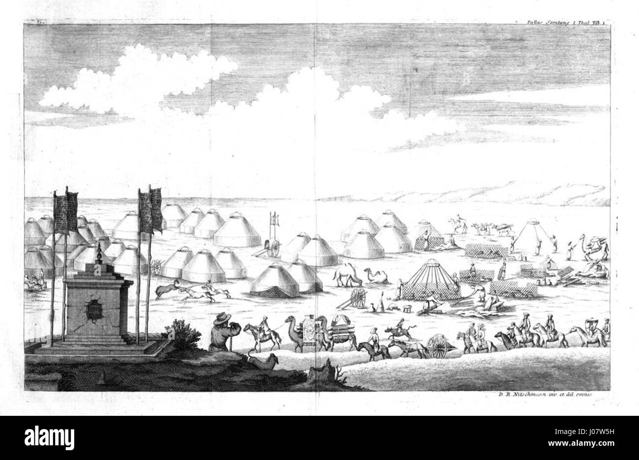 Der Titel übersetzt sich mit „Sammlungen historischer Nachrichten über die mongolischen Völker - Lager der Derbet Mongolen“. Diese historische Szene zeigt ein mongolisches Lager, das sich auf den nomadischen Lebensstil und die militärische Organisation der Derbet Mongolen konzentriert. Stockfoto