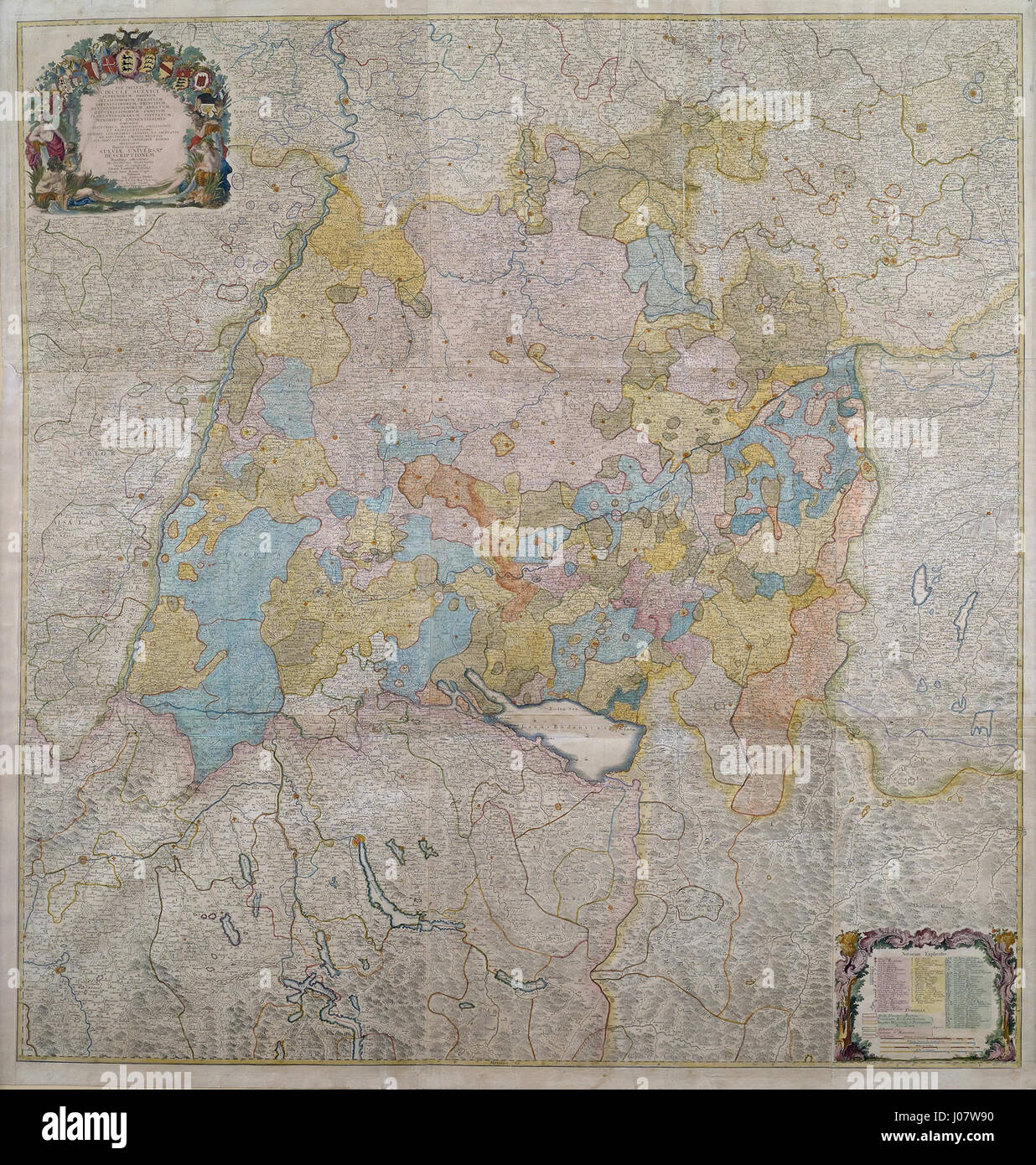 Diese Karte aus dem Schwäbischen Kreis um 1750 zeigt die politischen und geografischen Grenzen des Schwäbischen Gebiets in Deutschland. Die Karte spiegelt die historische Organisation des Heiligen Römischen Reiches im 18. Jahrhundert wider. Stockfoto