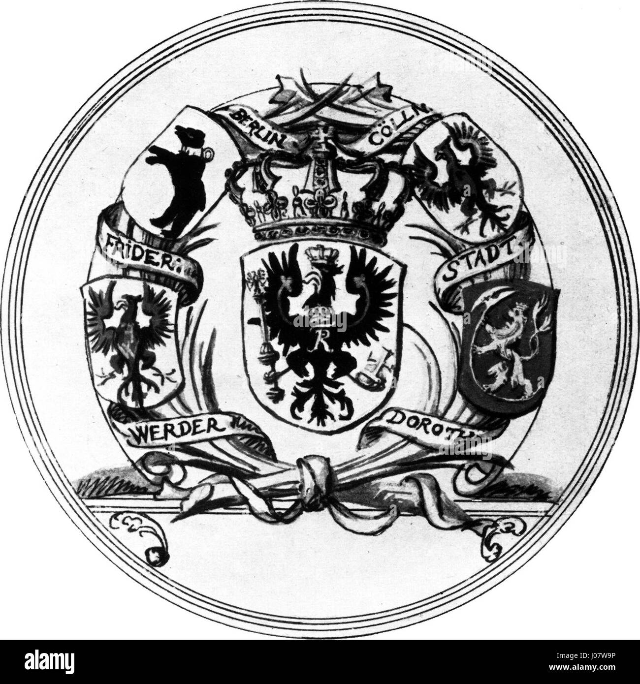 Das Berliner Siegel von 1709, ein Entwurf, stellt ein wichtiges historisches Wahrzeichen der Stadt dar und symbolisiert die Regierungsführung und Autorität Berlins im frühen 18. Jahrhundert. Stockfoto