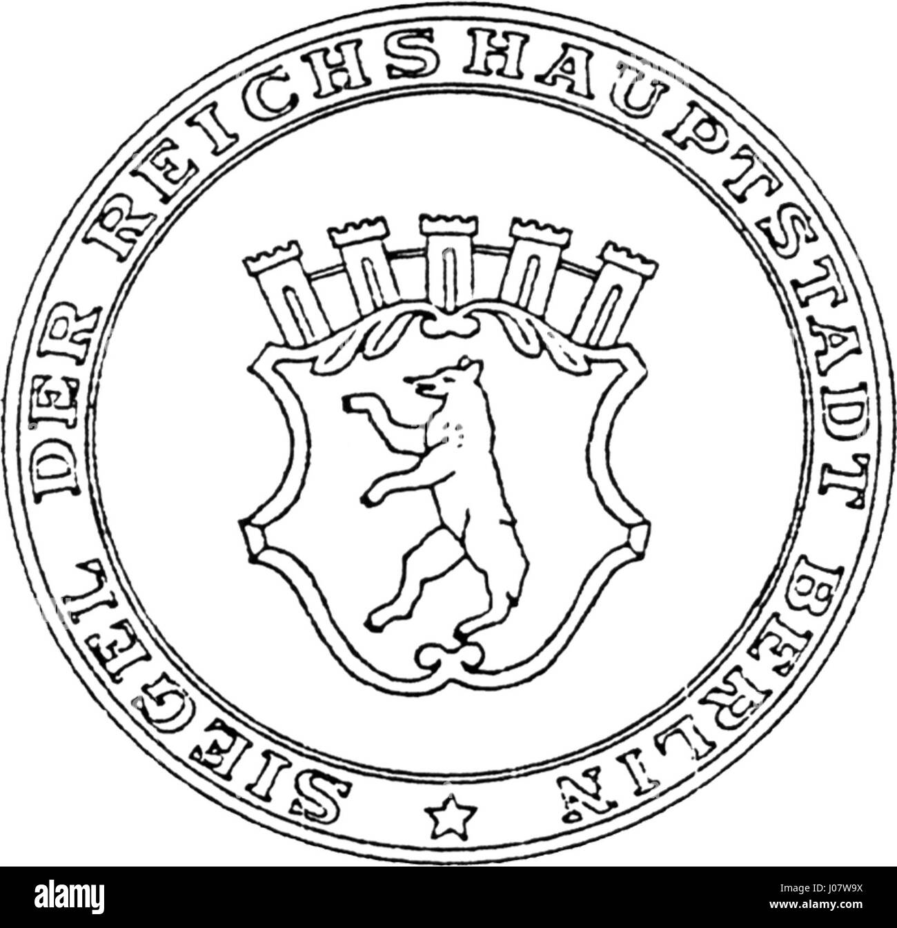 Das 1920 erlassene Berliner Siegel zeigt einen schwarzen Bären auf einem weißen Schild, der die Stärke und Widerstandsfähigkeit der Stadt symbolisiert. Über dem Schild befindet sich eine Wandkrone, die Berlins Status als städtisches Zentrum repräsentiert. Dieses Design spiegelt die historische und kulturelle Bedeutung der Stadt wider. Stockfoto