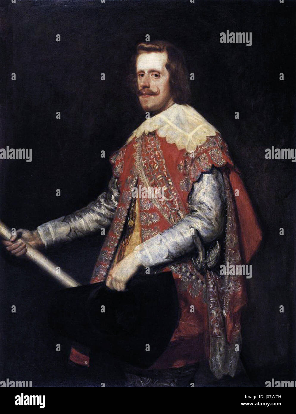 Dieses Porträt von König Philipp IV. Von Diego Velázquez fängt die königliche Präsenz des spanischen Monarchen ein. Velázquez geschickte Pinselarbeit vermittelt die würdevolle Haltung des Königs und sein ruhiges Verhalten. Stockfoto