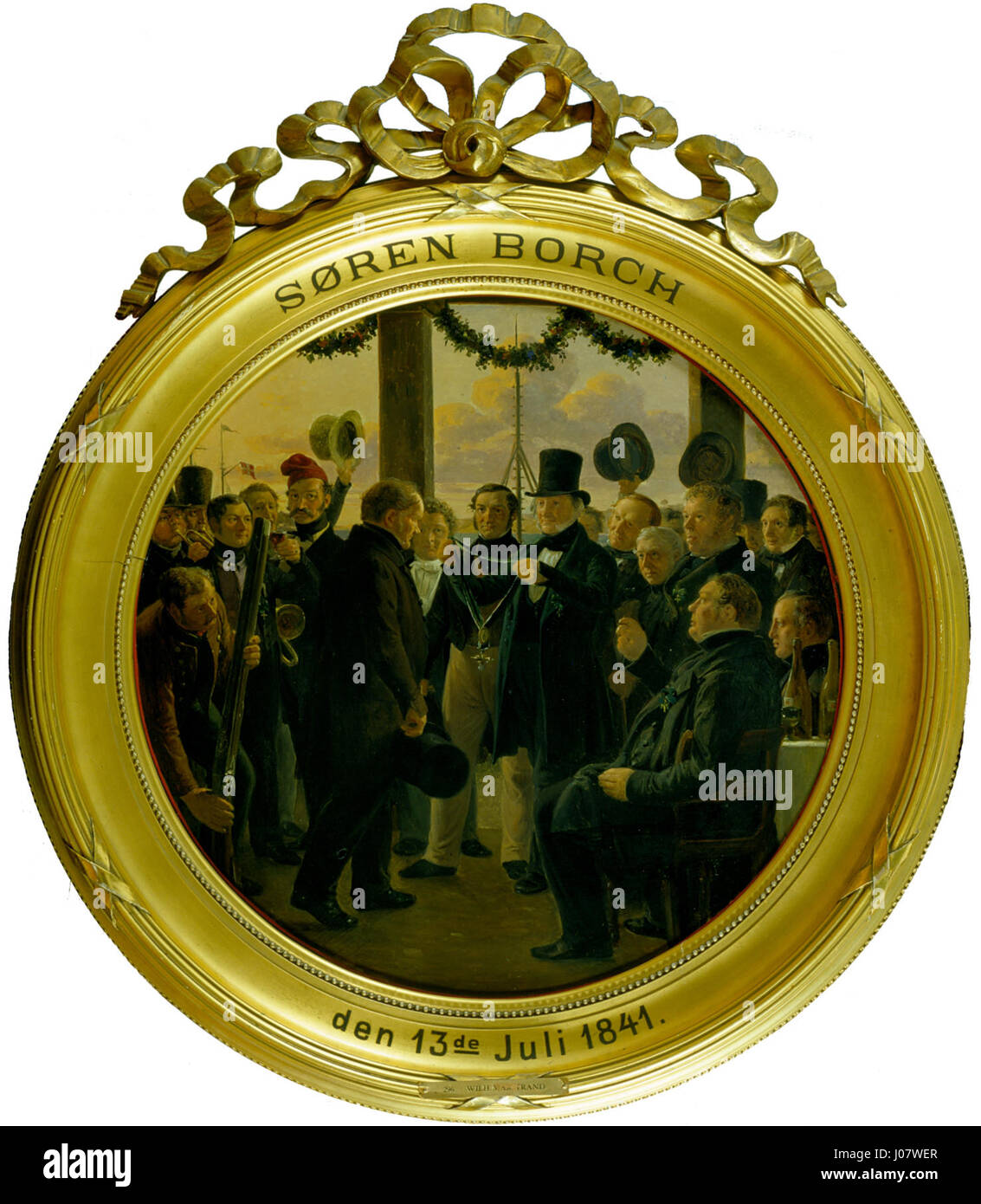 Ein dekorativer Zielscheiben, bekannt als Skydeskive, geschaffen von Wilhelm Marstrand, einem dänischen Maler, im Jahr 1841 für Søren Borch, einen Krämer aus Roskilde. Stockfoto